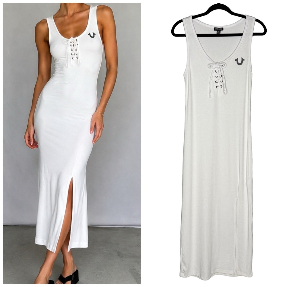 True Religion M Horseshoe Logo Stretch Lace Up Midi Dress Tank Top White $129